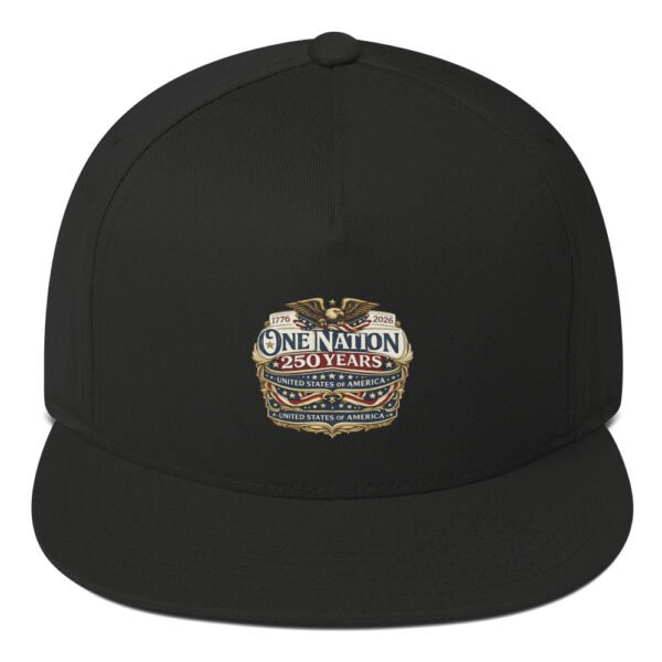 flat-bill-cap-black-front-6a266efea9107.jpg One Nation 250 Years Flat Bill Cap DTF Print