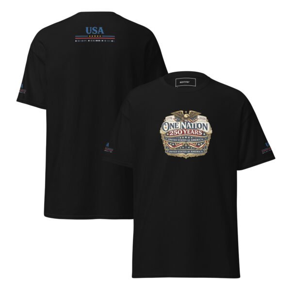 unisex-classic-tee-black-front-and-back-6a26738445f0f.jpg One Nation 250 Years Unisex classic tee DTG Print