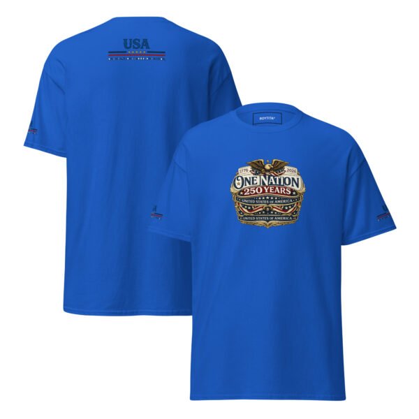 unisex-classic-tee-royal-front-and-back-6a26738449157.jpg One Nation 250 Years Unisex classic tee DTG Print