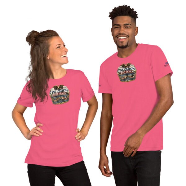 unisex-staple-t-shirt-charity-pink-front-6a2678a263c0e.jpg One Nation 250 Years Unisex t-shirt DTG Print